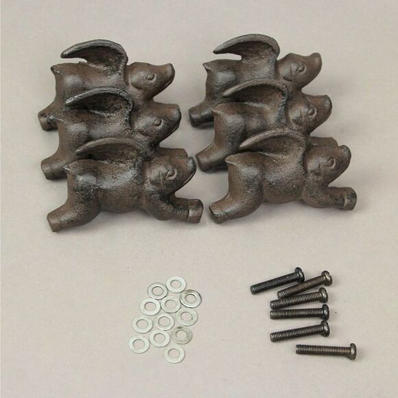 Set of 6 Cast Iron Flying Pig Drawer Pulls Decorative Cabinet Knobs Home Decor - Picture 6 of 6